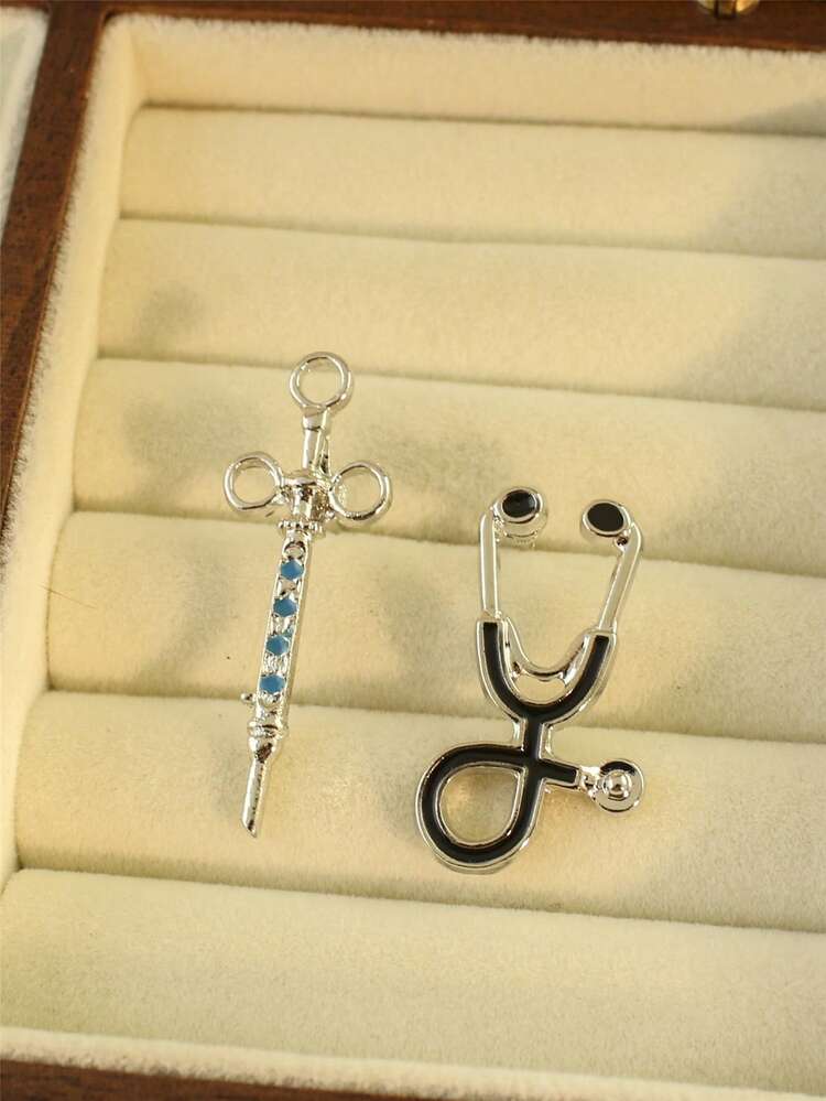 2pcs Medical Stethoscope & Syringe Brooch Set, Gift For Doctors And Nurses - Silver - View 7