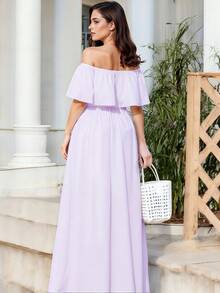 Vestido Largo de Escote Recto y de Hombros Descubiertos con Volantes, y Bajo con Abertura Lateral Elegante para Mujer - Lila Púrpura - Ver 2