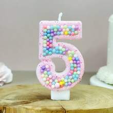 1支数字生日蜡烛，马卡龙色球形蛋糕蜡烛装饰，0-9闪亮粉色数字蜡烛，适用于生日蛋糕、大型节日和派对，深受男孩女孩喜爱 - 彩色 - 查看 8
