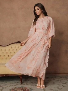 Savoree Váy voan satin tay đèn lồng họa tiết hoa màu hồng dáng chữ A, nhún bèo eo thanh lịch dành cho nữ, mùa xuân/lễ Phục sinh - Xem 7