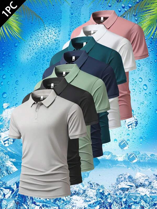 1 Paquete Camisa polo de manga corta de corte slim para hombre, estilo casual de negocios para el verano | Polo de piqué de unicolor, transpirable | Libre de arrugas y sin necesidad de planchado, para oficina y trayectos de trabajo