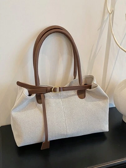 1pc Coffee Brown Strap Decor Large Capacity Canvas Patchwork Tote Bag, Women Shoulder Bag