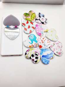 1pc Customized Pattern/Text/Logo Printed Portable Heart-Shaped Folding Makeup Mirror & Phone Holder With Adhesive Backing, Suitable For Team Gifts, Couples, Mother's Day, Wedding Favors