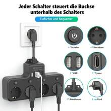 1 件欧盟插头电源板多触点插座，带 4 个交流电源插座、3 个 USB-A（5V、2.4V、12W）和 1 个 USB-C（5V、3.4V、17W）端口，用于快速充电壁式插座，带电涌保护器、5 厘米延长线，带独立 LED 显示开关，4000W 16A 250V。多功能电源板适用于家庭、办公室、旅行和厨房 - 查看 4