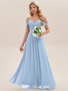 EVERPRETTY Gaun Bridesmaid Biru Muda Elegan dengan Kerah V, Lipit, dan Aplikasi, Cocok untuk Pernikahan, Ulang Tahun, Acara Formal, Pesta, dan Acara Lainnya. - Baby Blue - View 3