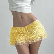 Mini Ruffle Skirt For Women Y2k Lace Skorts Skirts Bloomers Shorts Elastic Waist Tiered Micro Skirts Casual Mini Skirt Low Rise Booty Shorts Going Out Skirts With Lined Shorts - Yellow - View 4