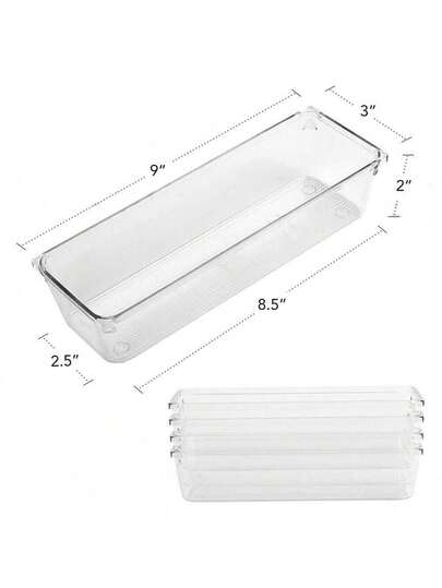 Organizadores de cajones transparentes de plástico, set de 5 tamaños, bandejas modulares transparentes multicompartimentadas para utensilios y cubiertos, diseño de combinación libre con insertos ajustables y divisores flexibles para cajones de cocina, almacenamiento de cubiertos, lápices y suministros de oficina, maquillaje y soportes para brochas, encimeras de baño, accesorios pequeños de armario; apilables