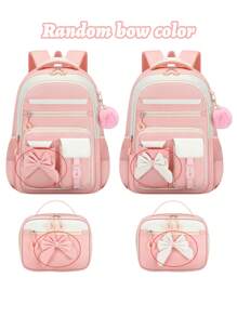 3PCS Girls School Backpack Set With Bowknot, Lunch Box Bag & Pencil Case, Lightweight Multi-Pocket Student Bookbag, Fits 15.6 Inch Laptop, Travel Backpack, Back To School Essential, Ideal Birthday Gift 