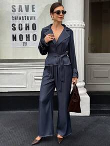 Doriss 两件套束腰系带牛仔风长袖套装，秋冬女装，新年新款，商务休闲女装，职场女神，性感女神 - 藏蓝色 - 查看 7