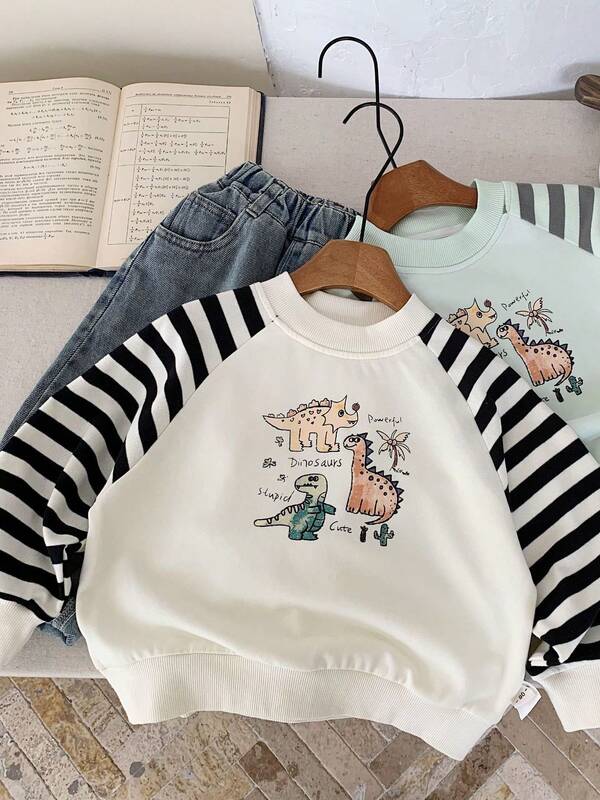 2025 Kids Dinosaur Print Pullover Sweatshirt, Raglan Sleeve, For Boys & Girls, Autumn