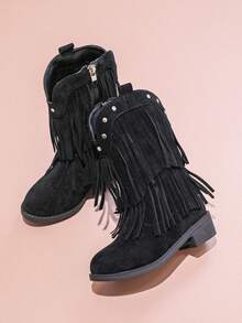 1 par de botas vaqueras occidentales con flecos para adolescentes, diseño de moda y minimalista, cómodas para niñas - Negro - Ver 5