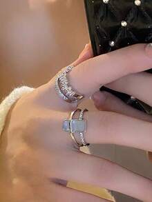 2 件优雅派对几何闪亮方晶锆石铜可调节开口戒指套装，适合女士 - 銀色 - 查看 3