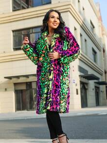 FHILLINUO Women's Colorful Leopard Print Faux Fur Hooded Knee-Length Jacket With Pockets, Long Sleeve, Regular Fit, Non-Stretch - 彩色 - 查看 5