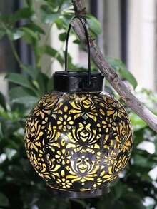 1 pieza Farol solar con patrón de peonía en negro y dorado, luz decorativa colgante para exteriores, lámpara de mesa para exteriores, adecuada para decoración de jardín/patio/mesa/porche