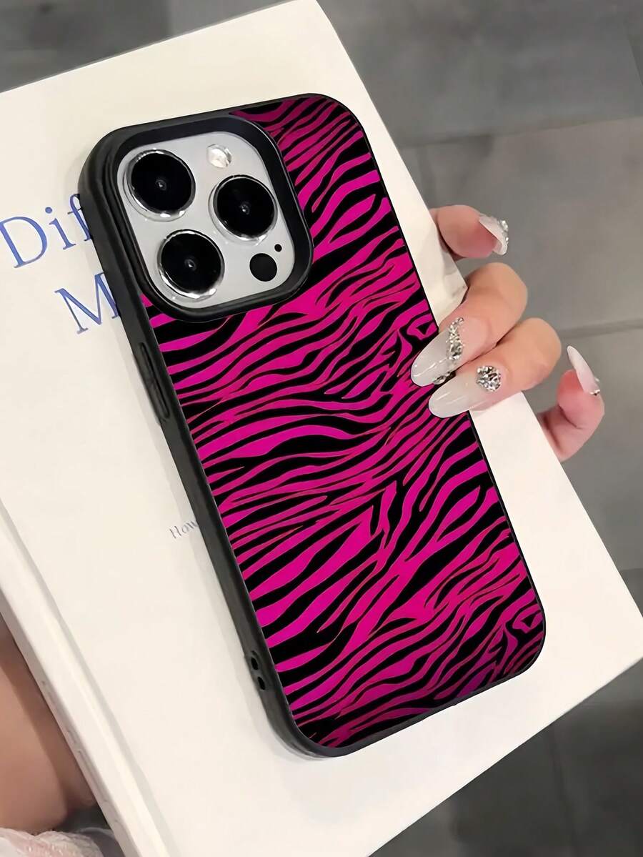 1pc Black & Pink Zebra Pattern Personalized TPU Shockproof Phone Case, Compatible With Apple 16, 15, 14, 13, 12, 11 Pro Max - Multicolor - View 1