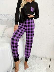 2Pcs Pajama Sets For Women, Long Sleeve T-Shirt & Elastic Waist Trousers Pj Set, Valentine Outfits For Women - 紫色 - 查看 1