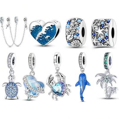1 pièce Série d'été Pendentif Coquille, Étoile de mer, Requin-baleine, Tortue marine, Crabe noix de coco, Dauphin, Convient pour assortir avec bracelet et collier originaux, Perles d'argent, Perles de fabrication de bijoux d'été DIY, Cadeau quotidien pour femmes et filles