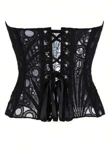 1pc Black Textured Sheer Floral Lace Corset Hollowed Out Bustier Cute Crop Top For Daily Wear/Party/Wedding - màu đen - Xem 9