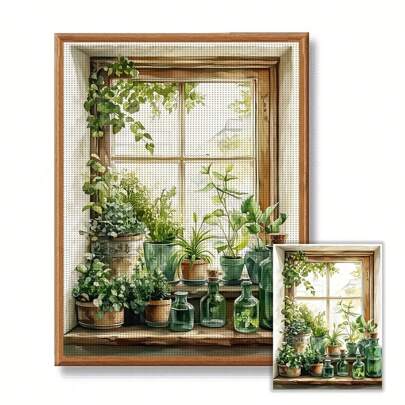 1 Set Of 30 * 40cm/11.8 * 15.7in Frameless 11CT/14CT Printed Fabric Cross Stitch DIY Kit, With Green Plant Patterns In Front Of The Window, Suitable For Relaxing DIY Embroidery Sets For Adults And Beginners, Including Printing Cloth, Needles, Threads, Drawings, And Instructions. Handmade Artworks, Home Wall Decorations, Gifts