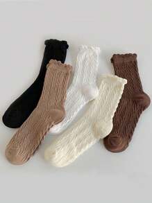 5 Pairs Women's Solid Color Braided Fashion Casual Versatile Mid-Calf Lace Socks, Fall Socks