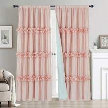 Shabby Chic Window Curtains With Blackout Liner, Boho Ruched Window Treatments With 3 Rows Of Butterfly Flowers, Rustic Rod Pocket Drapes For Living Room, 54"W X 84"L, 2 Panels - Peach Pink - Xem 2
