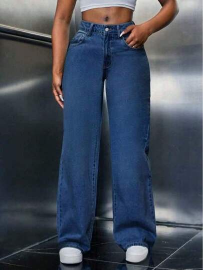 DG XUNLIN MODA Pantalones vaqueros casuales de tubo recto femenino 2025, azul oscuro sólido, azul claro, cintura alta y tubo recto, primavera, verano y otoño, agujeros rotos de Nueva moda, todo en uno