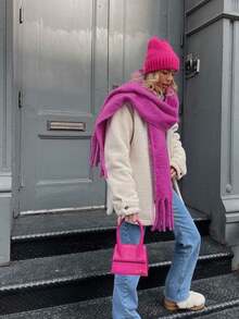 1件装女士秋冬新款毛绒流苏围巾，保暖舒适大披肩，防风保暖，适合户外活动，简约百搭，日常搭配连衣裙也同样适用。 - 11-紫玫紅 - 查看 6