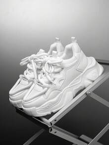 Men's Minimalist Solid Color Leather & Mesh Lace-Up Design Elevator Sneakers, Niche Fashion Versatile Casual Street Wear Vulcanized Shoes, Suitable For All Seasons - White - View 3