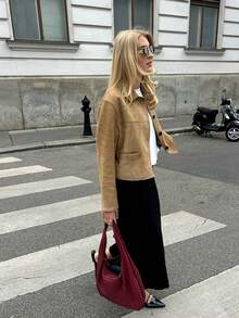 Autumn Thin Stylish Loose Old Money Style Suede Jacket In Khaki Color With Lapel For Women, Featuring Pockets. - Khaki - View 9