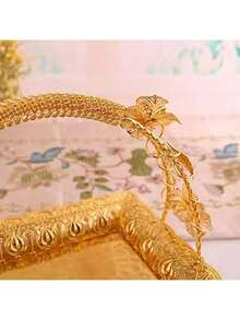 优雅金属水果零食篮，多功能复古风格托盘，带把手，耐用长方形餐盘，适用于厨房、客厅和酒店装饰，也可用作节日派对娱乐装饰的咖啡托盘。 - 彩色 - 查看 5