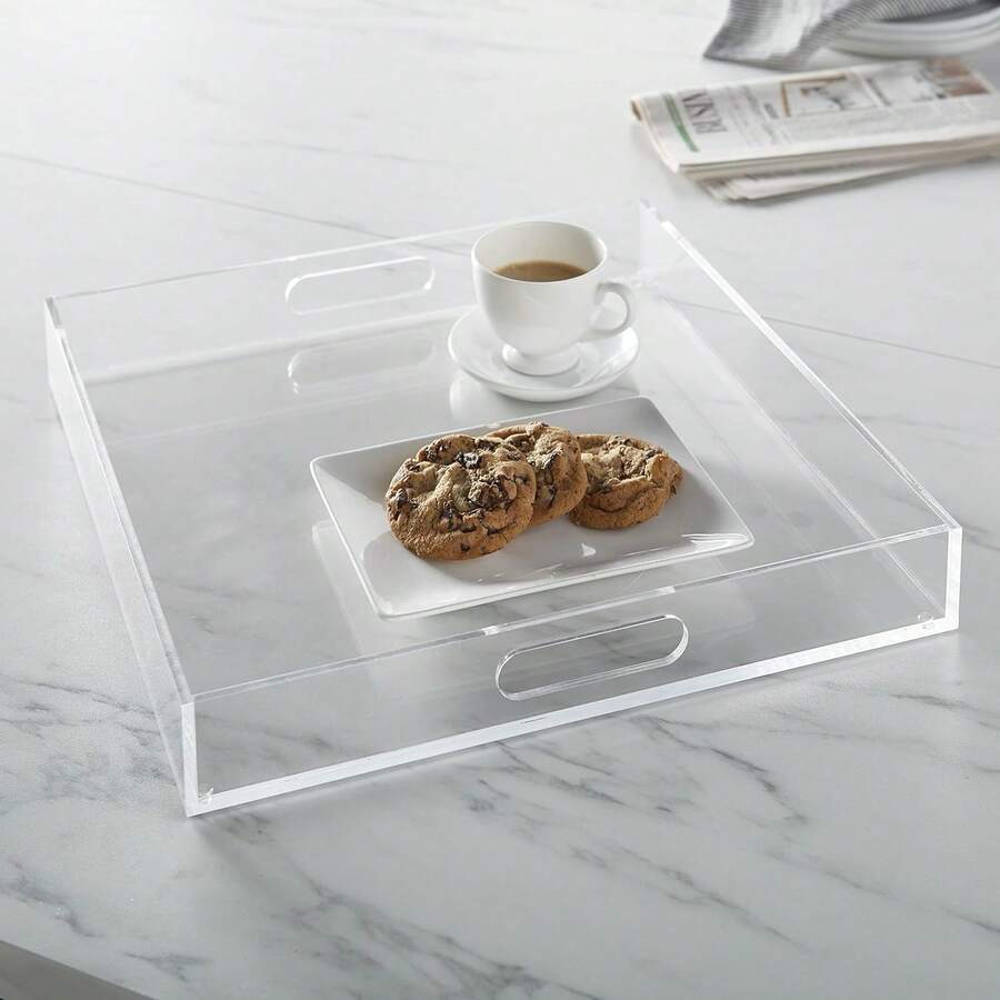 Large Acrylic Tray With Handle, Transparent Acrylic Tray For Holding Food, Drinks, Snacks And Appetizers, Rectangular Tray, Coffee Table Tray, Acrylic Makeup Storage Box