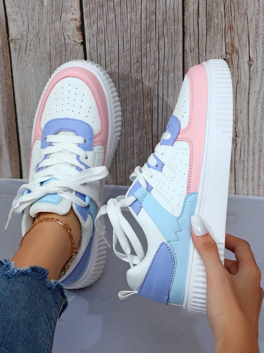 女士白色、粉色、蓝色多巴胺彩色滑板鞋,低帮,舒适,甜美,休闲,新年、圣诞派对、校园滑板鞋 - 彩色 - 查看 1