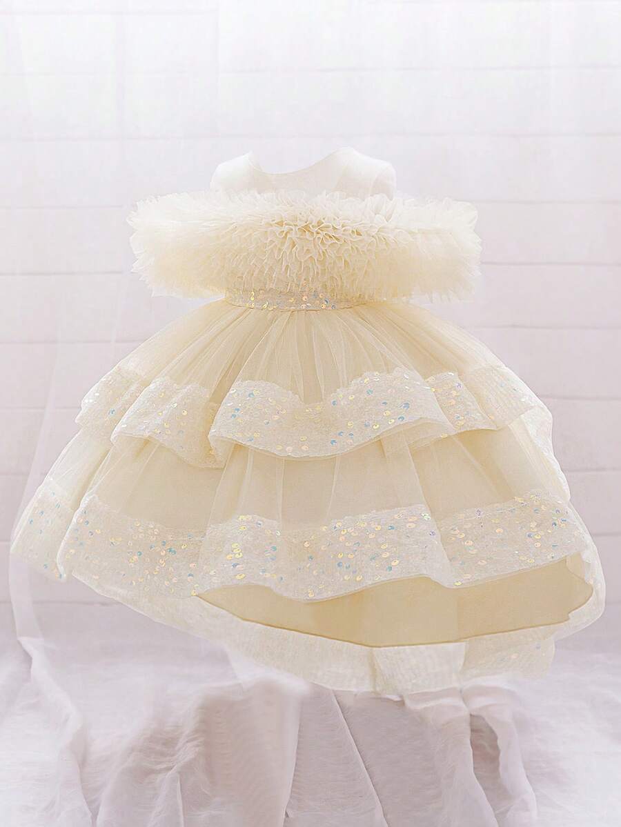 Baby Girls Sequin Mesh Cute Flower Girl Dress With Train, Suitable For Party, Birthday, Outing, Headband Not Included - Champagne - View 1