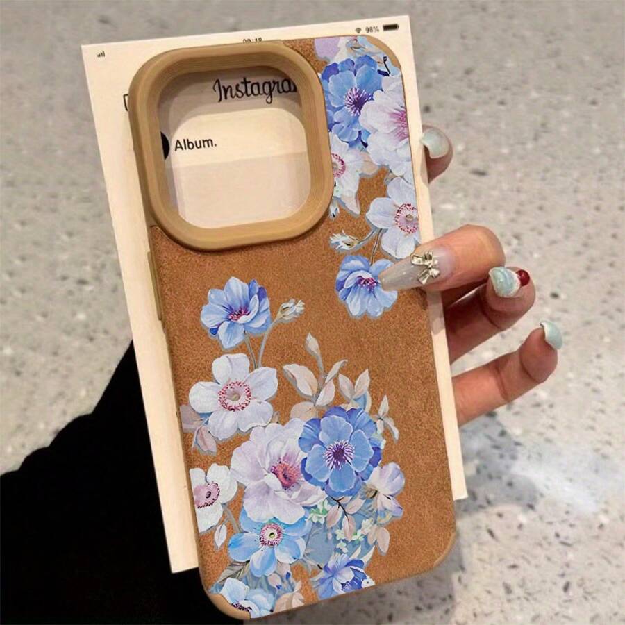 Diseño de flor azul Teléfono de lente alta 15 Plus 14 Pro 13 XS 12 11 16 Teléfono de cuero sintético suave todo incluido - Blanco - Ver 1