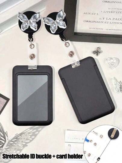 Unisex Diamond Butterfly Retractable Buckle Card Holder, Anti-Lost Easy-Pull Buckle, Id Card Holder Felt Embroidery Retractable Work Card, College Student Card Bag, Cafeteria Card Bag Storage,Slide Cover, Double Card, Small Card, Bus Card Holder, Non-Inductive, Bank Card Holder, Subway Card Storage