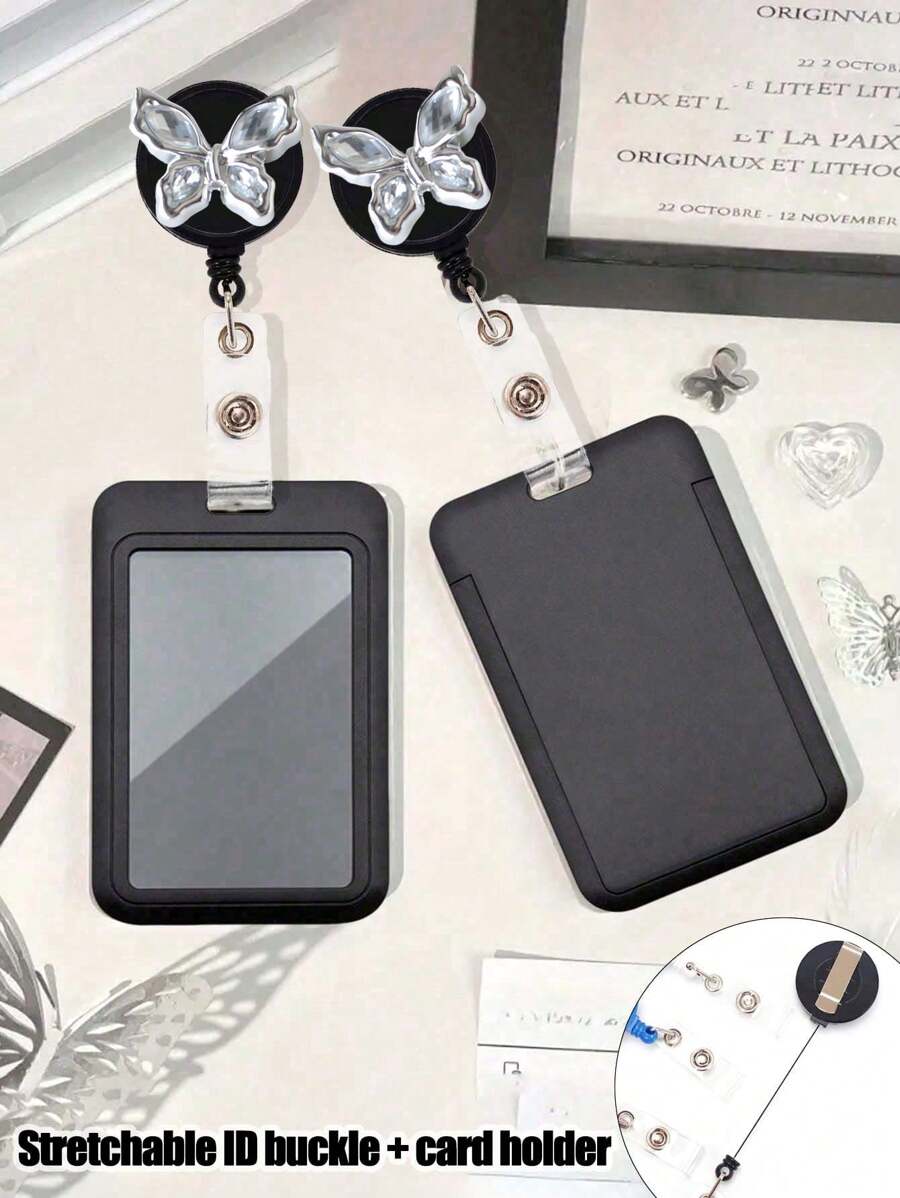 Unisex Diamond Butterfly Retractable Buckle Card Holder, Anti-Lost Easy-Pull Buckle, Id Card Holder Felt Embroidery Retractable Work Card, College Student Card Bag, Cafeteria Card Bag Storage,Slide Cover, Double Card, Small Card, Bus Card Holder, Non-Inductive, Bank Card Holder, Subway Card Storage - Multicolor - View 1