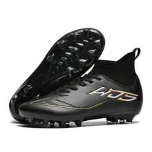 1 Pair Sports Style Anti-Slip Durable High-Top Football/Soccer Shoes, AG Studs Design, PU Leather Upper, Colorful, Rubber Outsole, Professional Match Shoes Suitable For Muddy, Short Grass Fields - Black - View 2
