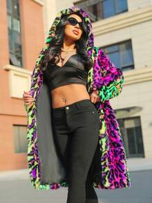 FHILLINUO Women's Colorful Leopard Print Faux Fur Hooded Knee-Length Jacket With Pockets, Long Sleeve, Regular Fit, Non-Stretch - 彩色 - 查看 3