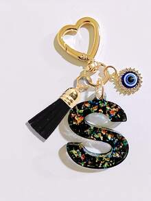 1pc Black Initial Keychain, Black Tassel Pendant, Evil Eye Fashion Keychain, Alphabet Keychain Backpack Charm, Keychain For Women And Girls, Exquisite And Small, Fashionable And Simple, Wallet And Handbag Accessories, Tassel Keychain, Alphabet Initials A-Z, Suitable For Commuting, Studying, Vacation