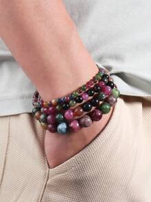 1條多彩電氣石手串,適用於女士和男士,天然石材彈性手鍊,瑜伽冥想首飾