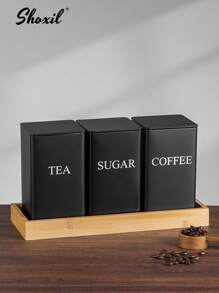shoxil 三件套厨房储物罐，咖啡茶糖罐套装，白色/黑色带盖储物罐，配竹勺，复古金属密封盖储物罐套装，适用于存放咖啡、茶、糖等食品，厨房收纳，餐厅、客厅、茶室皆宜，馈赠亲友佳品 - 彩色 - 查看 5