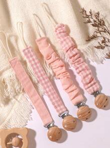 4 piezas de Clips para chupetes de bebé, a cuadros, lunares, unicolor azul/rosa/caqui, clips de chupete de madera con 3 agujeros, aptos para uso diario