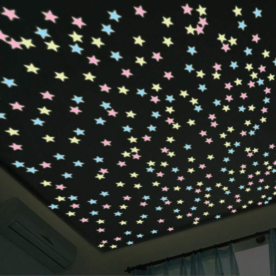 100pcs/200pcs, Decorative Stickers, 3D Luminous Star Stickers, 3cm Plastic Self-Adhesive Fluorescent 3D Wall Stickers For Children's Rooms, Luminous Stickers Room Decor Wall Decor