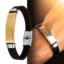 Adjustable Men's Bracelet Our Father Resistant Rubber Black And Silver - 我們的金子父親 - 查看 1