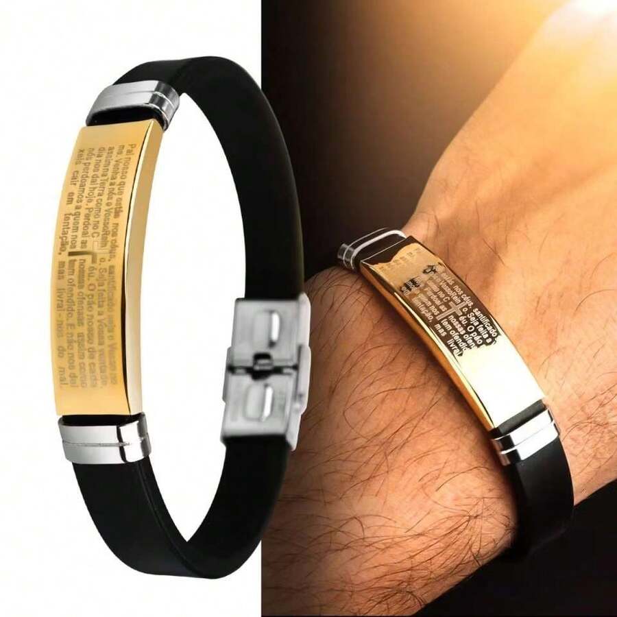 Adjustable Men's Bracelet Our Father Resistant Rubber Black And Silver - 我們的金子父親 - 查看 1
