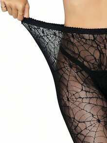 1 条女式万圣节渔网紧身裤，高腰蕾丝蜘蛛网图案紧身裤 - 黑色 - 查看 3