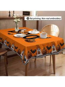 1pc Halloween Pumpkin, Ghost, Bat Pattern Tablecloth, Seasonal Kitchen/Dining Table Decor, Round Or Rectangular Sizes Available, Polyester Material, Indoor/Outdoor Party Decoration, Halloween Holiday Decor, Home Kitchen Decor