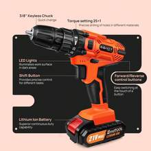 DayPlus 21V Cordless Power Drill Set Electric, Cordless Screwdriver Drill Set, 25+1 Torque, Li-Ion Battery&Fast Charger, 3/8" Keyless Chuck Driver Tool, LED Work Light, For Home And Garden DIY Project Kit, Home - 美規A型插(110-127V) - 查看 4