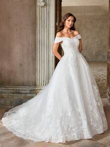 Women's Elegant White Lace Applique Off Shoulder Fashion Wedding Dress, Party Formal Cocktail Bridesmaid Gown, Valentine's Day - White - View 4