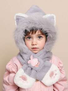 1 件装儿童可爱猫耳朵保暖冬季毛绒护耳脖帽带猫爪刺绣，一体式帽子围巾套装